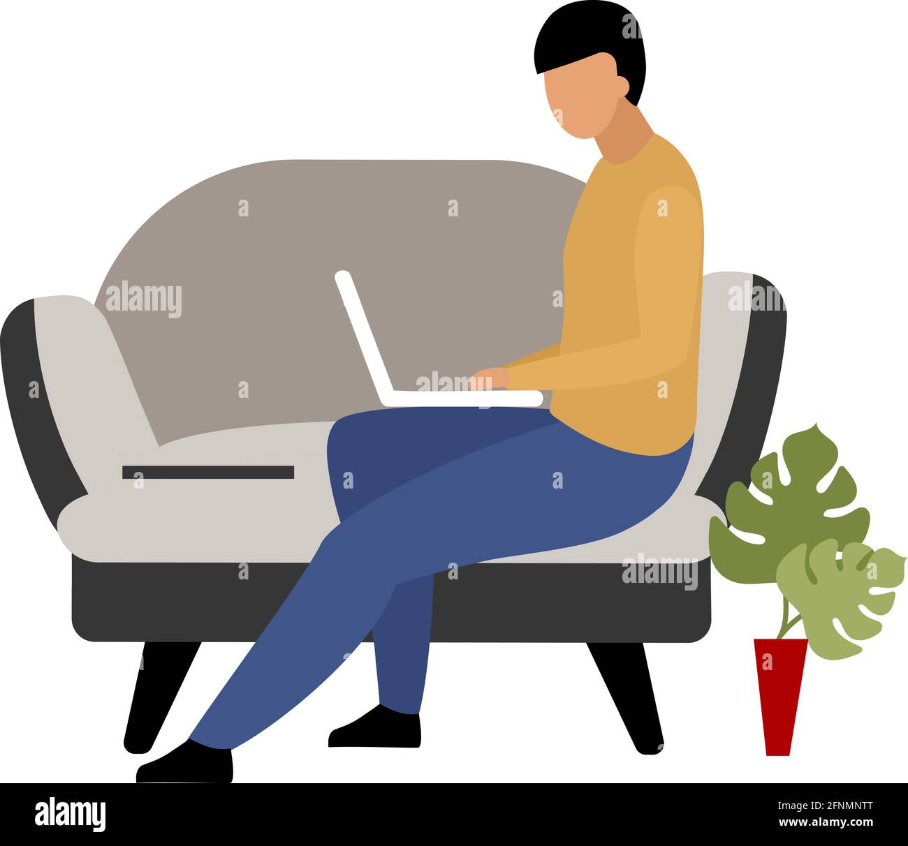Man working remotely at home flat color vector faceless character Stock Vector
