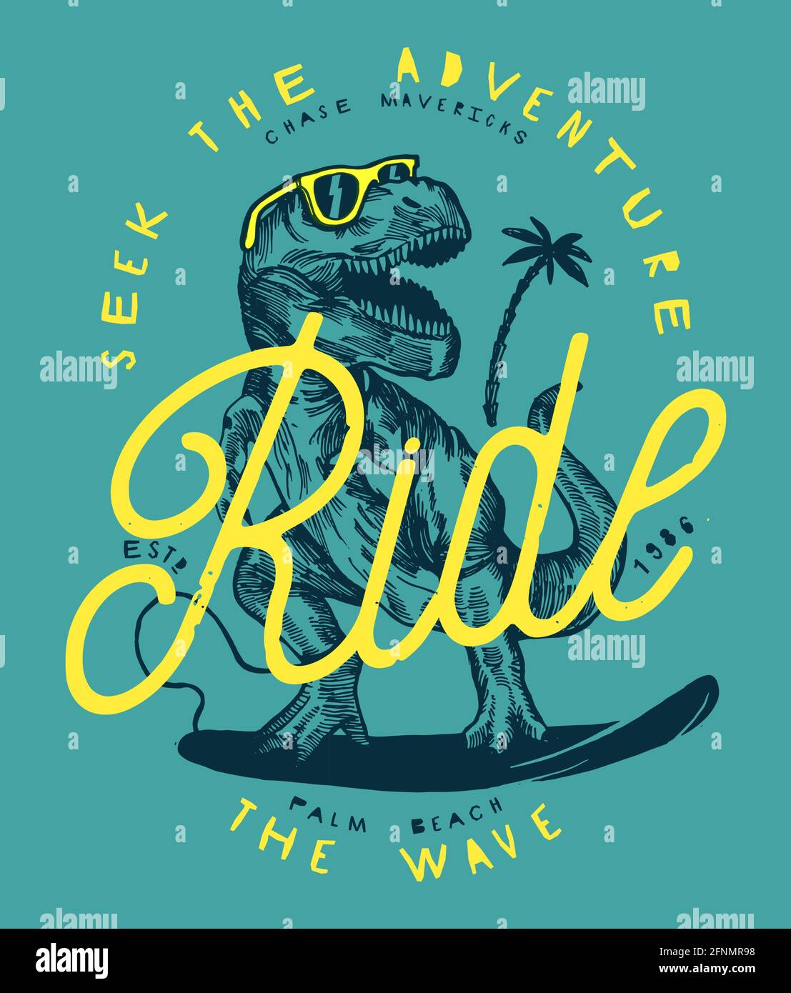 seek the adventure - ride the wave. T Rex dinosaur drawing surfing vintage print in blue and yellow retro colors. Stock Vector