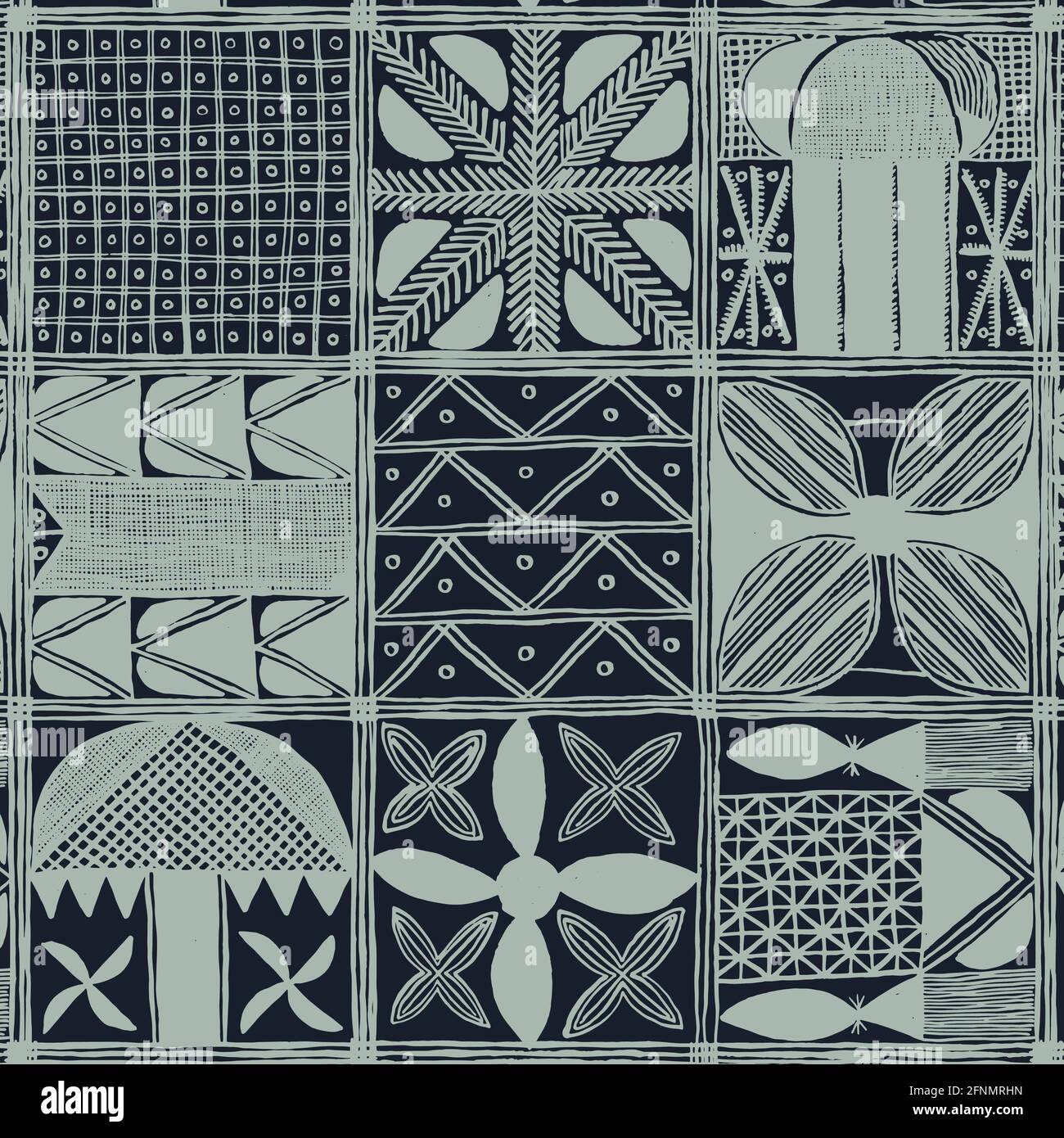 Blue african native mudcloth handmade seamless pattern Stock Vector
