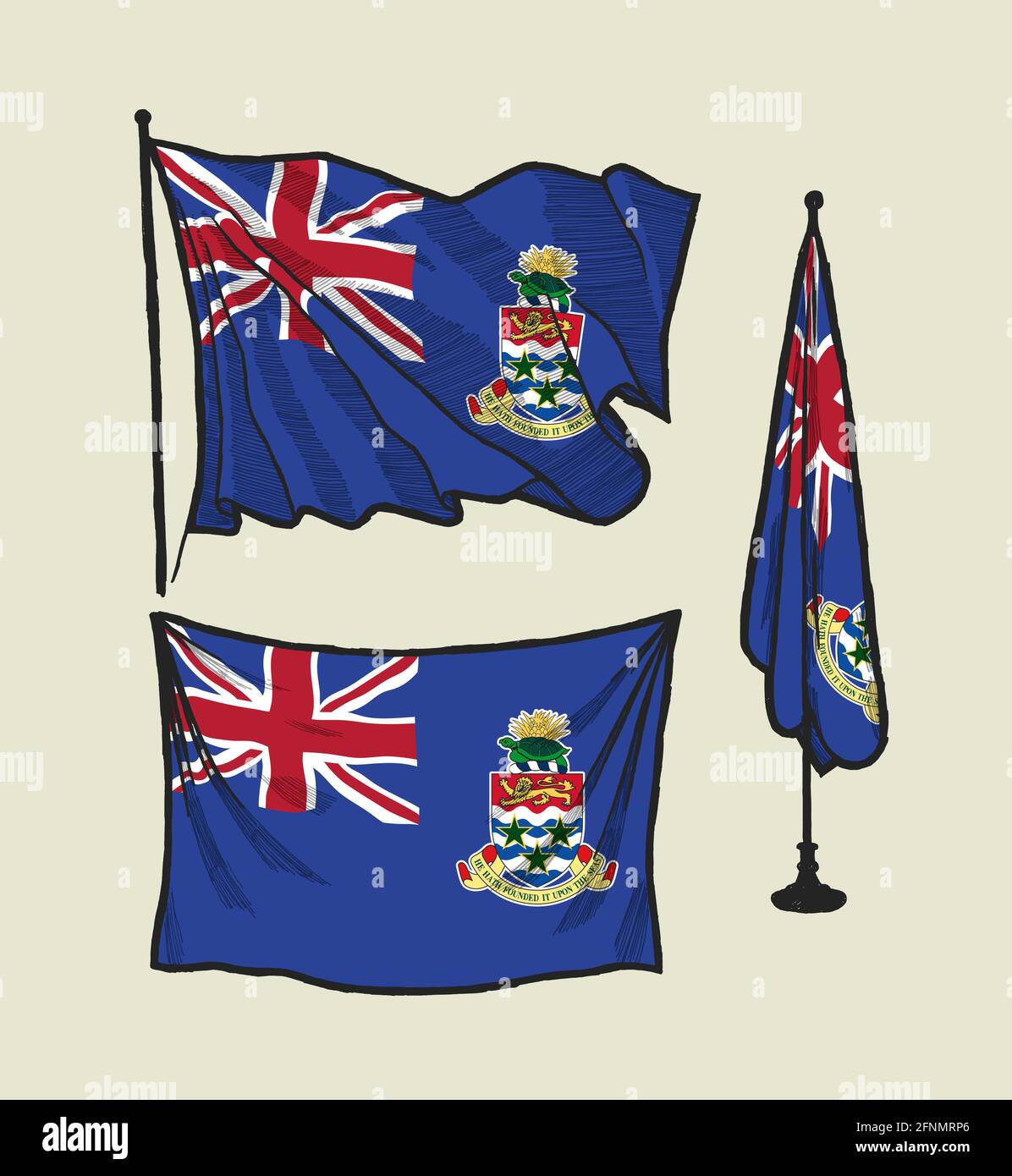 Flag of Cayman Islands on the wind and on the wall - vector illustration set Stock Vector