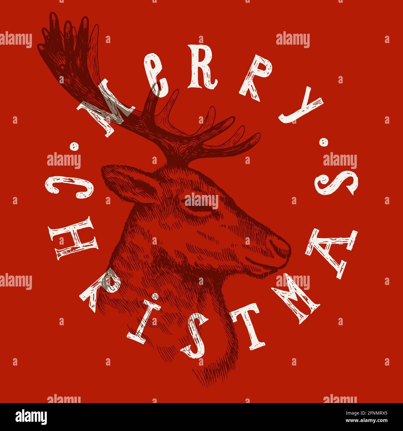 christmas deer etching label. red stamp. Stock Vector