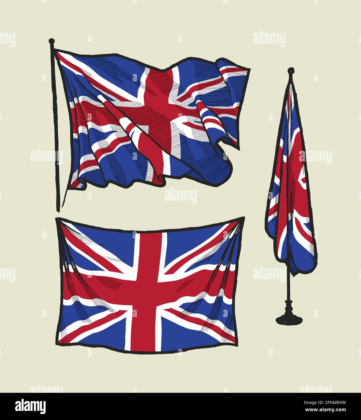 united kingdom flag set - uk flag vintage drawing on the wind, on the wall and in the office. Stock Vector