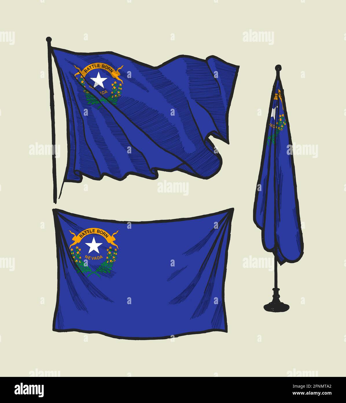 Nevada flag on the wind and on the wall vintage vector illustration set