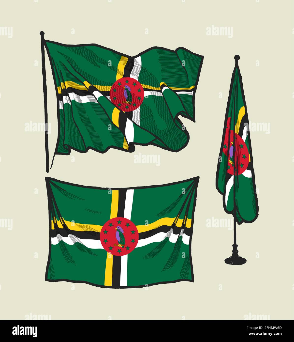 Flag of Dominica on the wind and on the wall illustration set Stock ...