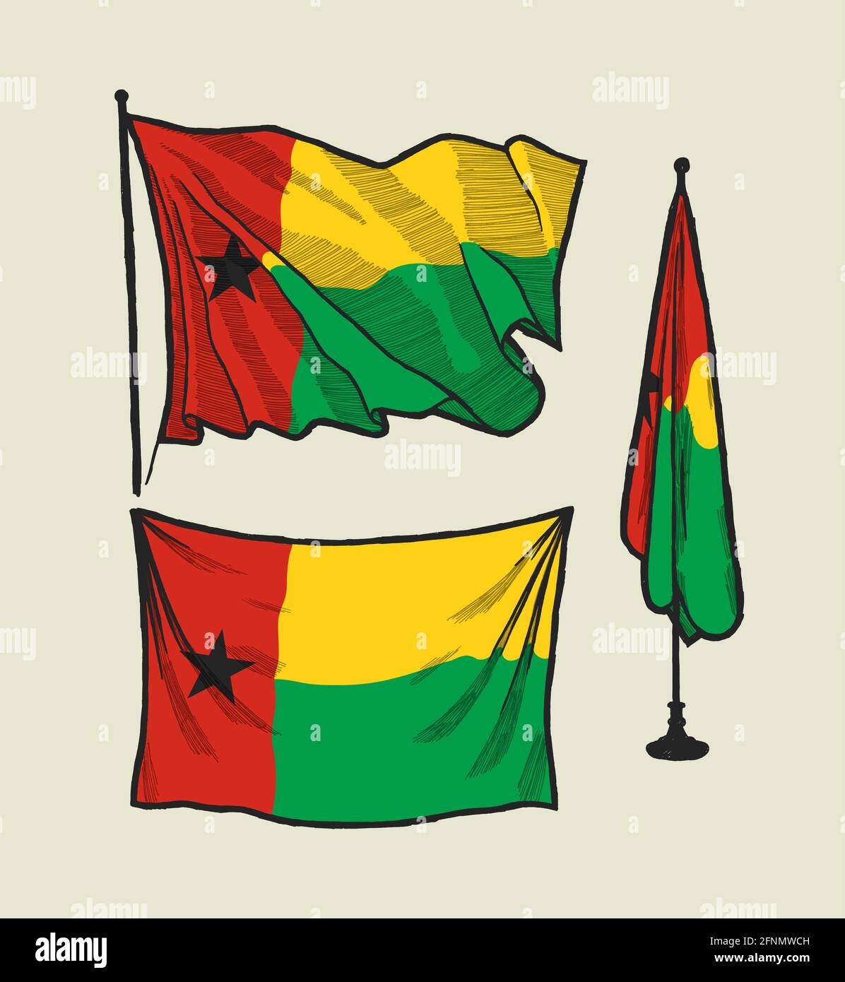 Flag of Guinea bissau on the wind and on the wall hand drawn illustration set Stock Vector
