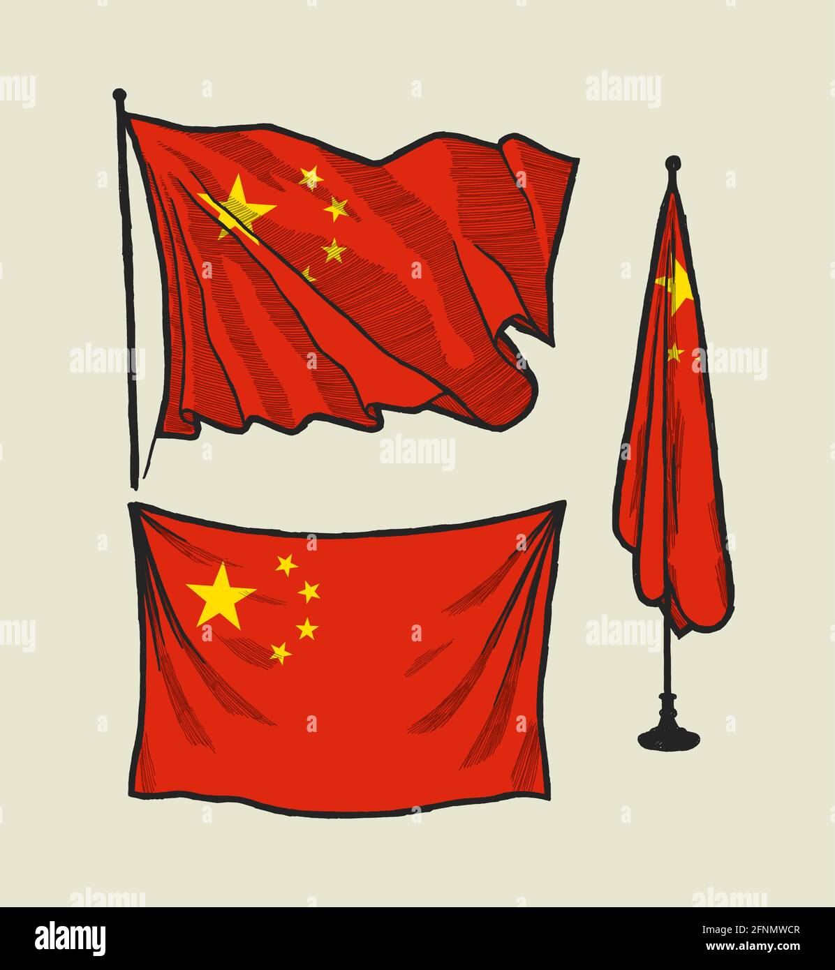 Flag of China on the wind and on the wall illustration set Stock Vector