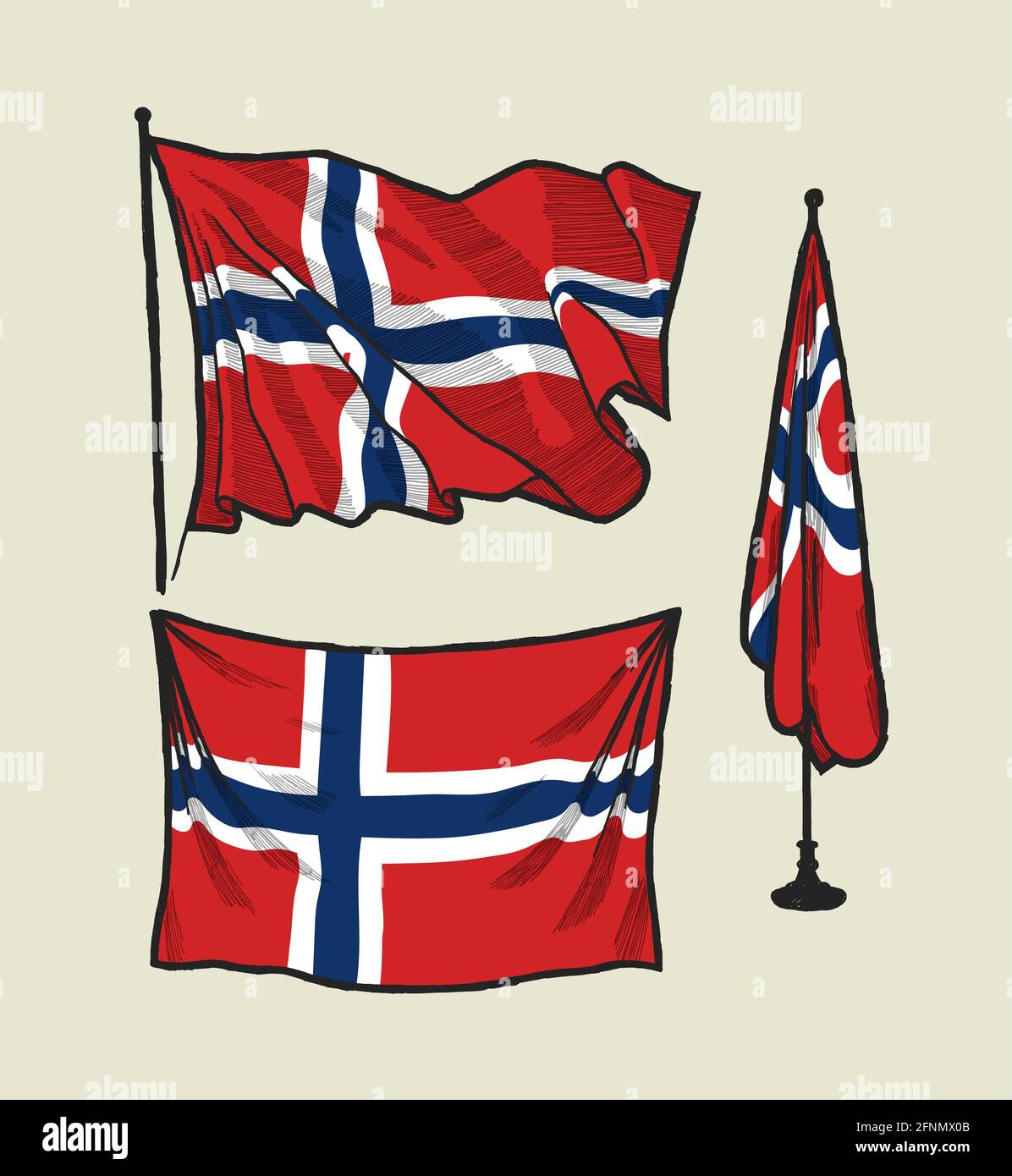 Flag of Norway on the wind and on the wall - vector drawing ...