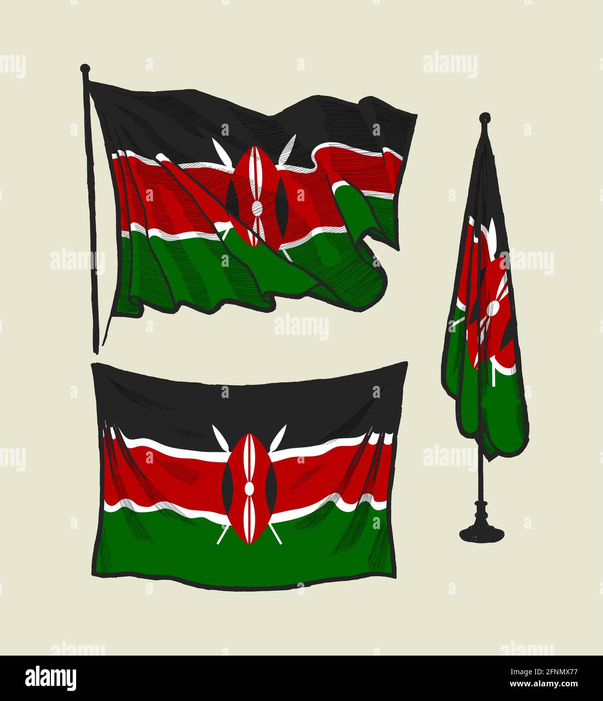 Flag of Kenya on the wind and on the wall illustration set Stock Vector