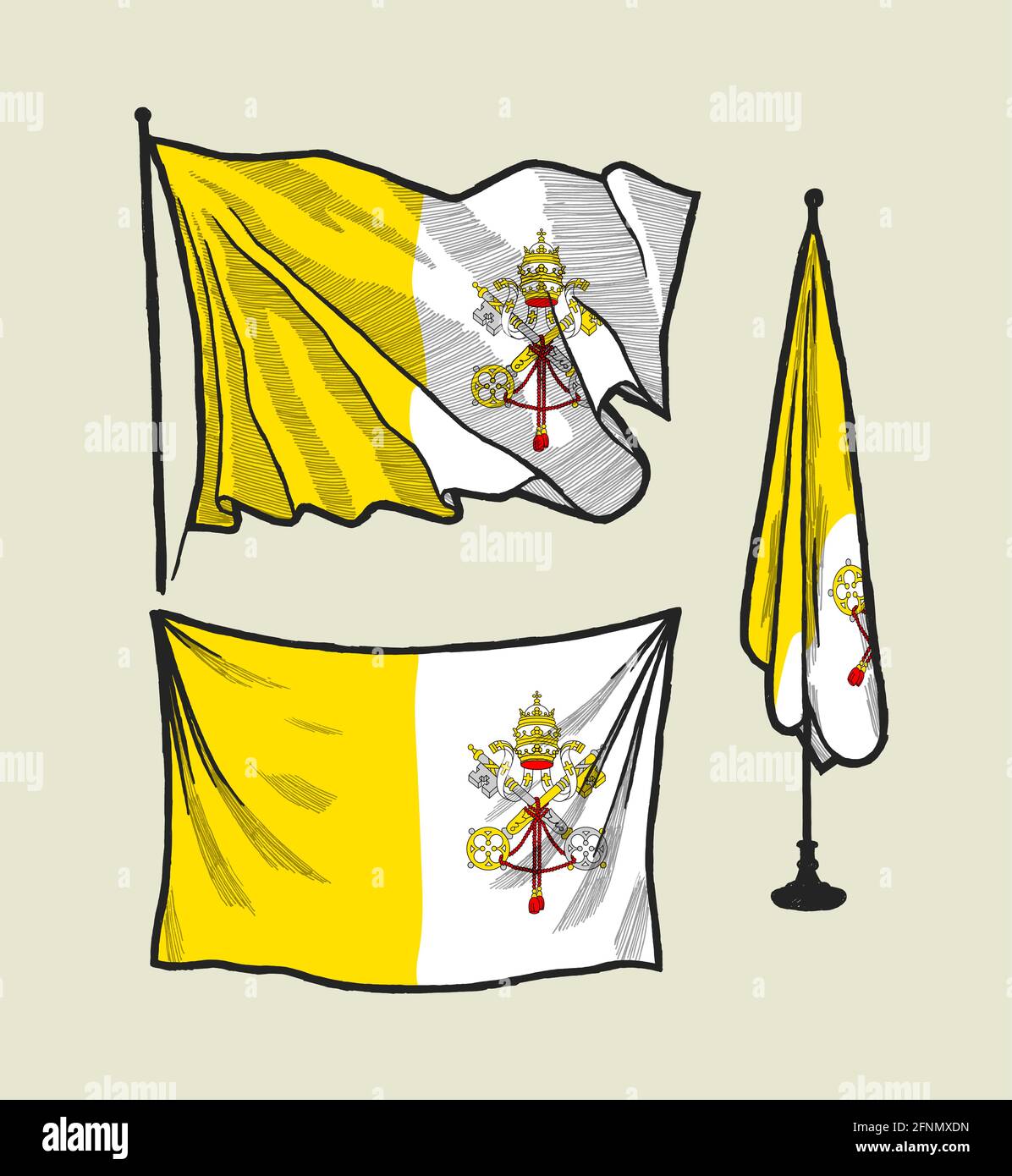 Vatican flag on the wind and on the wall hand drawn vector illustration set Stock Vector