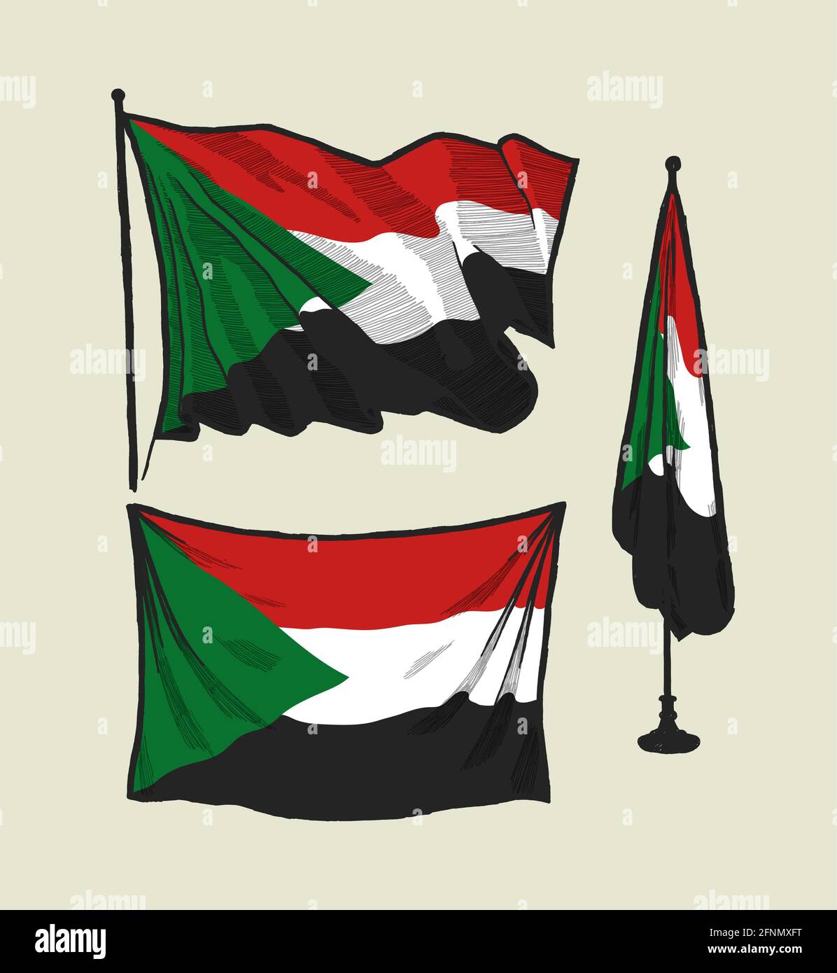 Flag of Sudan on the wind and on the wall illustration set Stock Vector ...