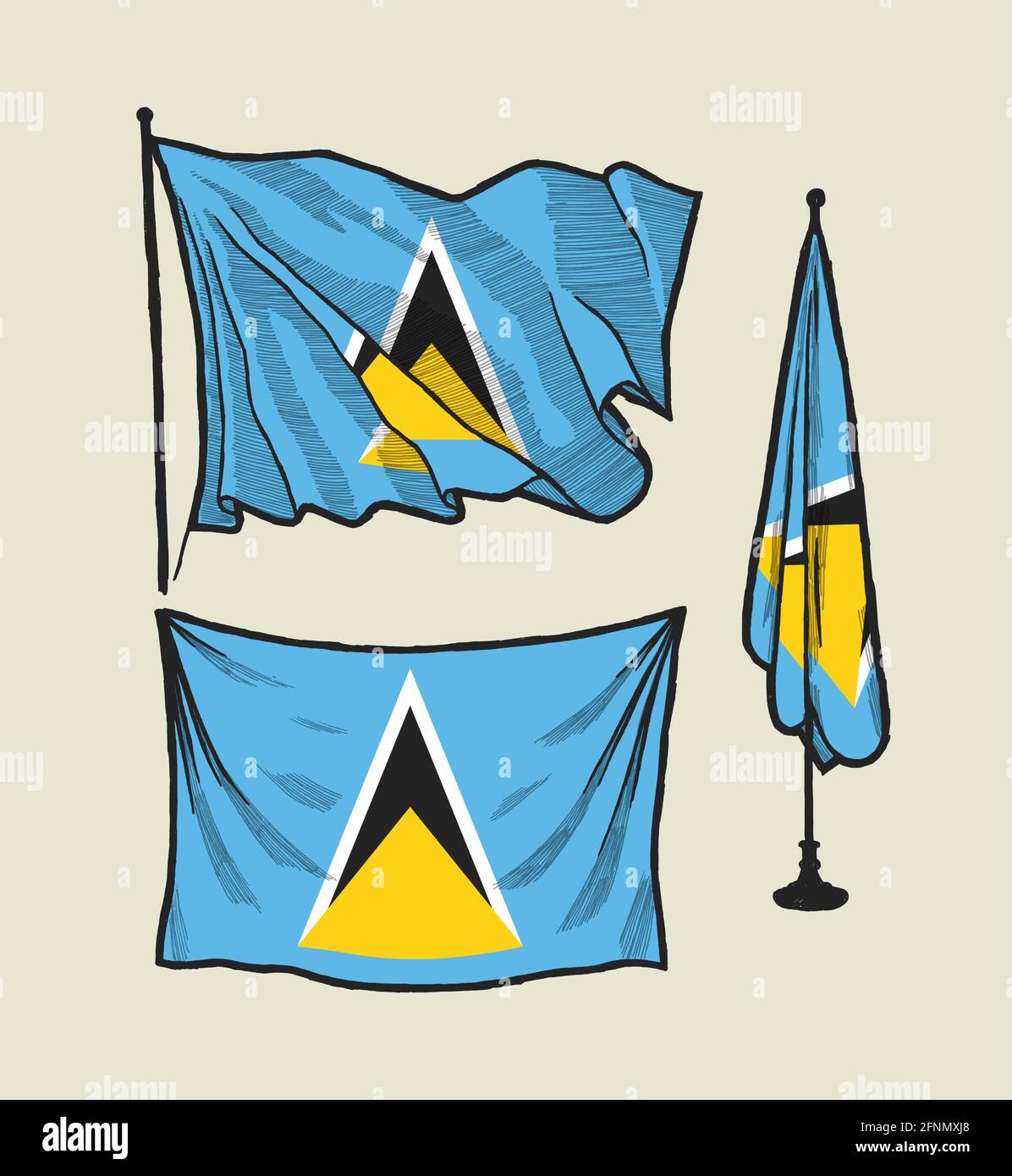 Flag of Saint lucia on the wind and on the wall illustration set Stock ...