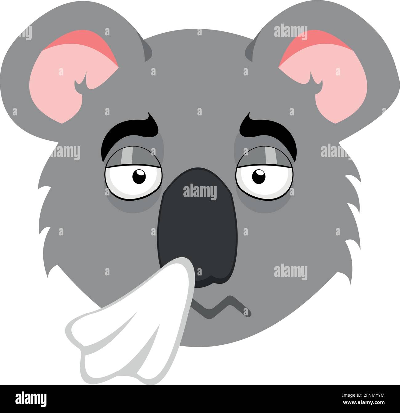 Vector illustration emoticon cartoon of a koala´s head with an expression of exhaustion, a cold and blowing his nose with a tissue Stock Vector