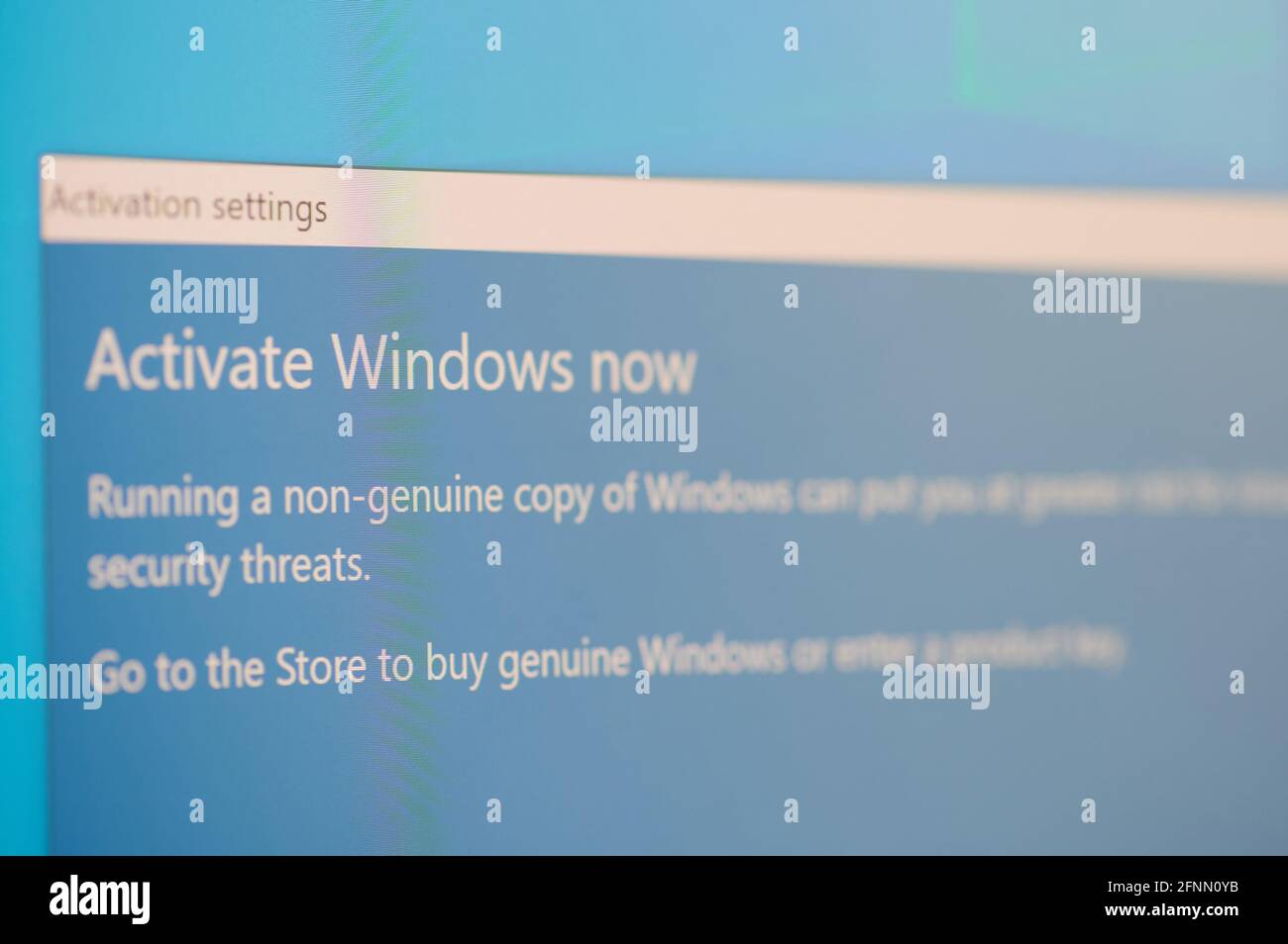 New york, USA - May 17, 2021: Activate windows now message on screen macro close up view Stock Photo