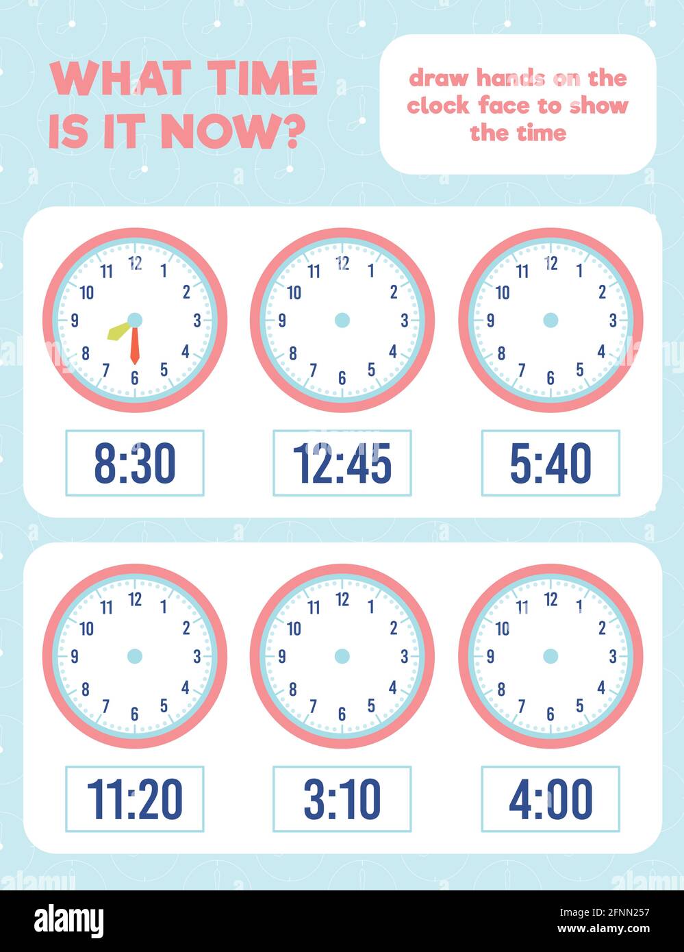 What time is it? Draw hands on the clock face. Time worksheet practice