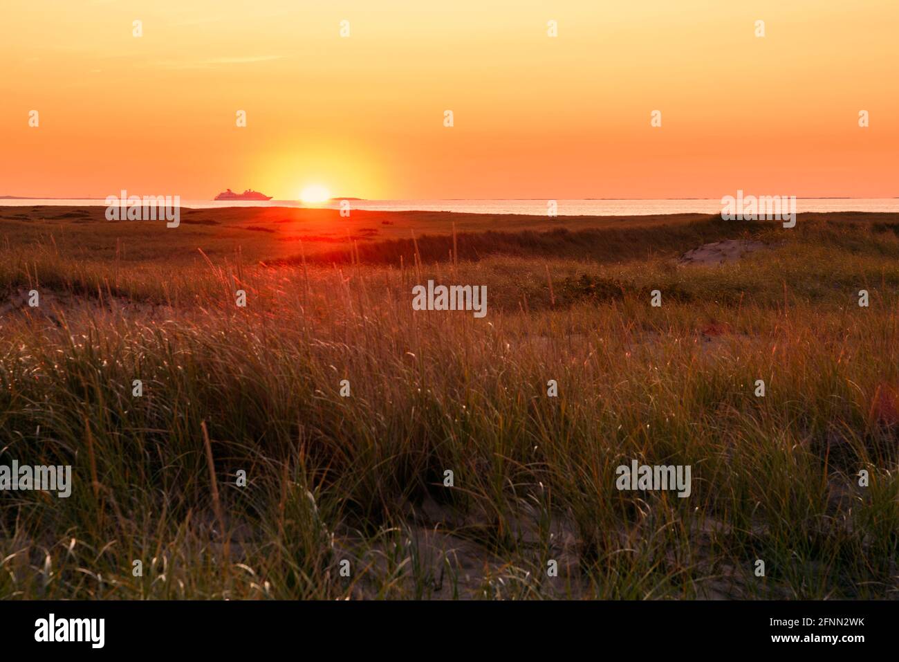 Majestic autumn sunset over the ocean with grassy sand dunes in foreground. A Cruise ship in navigation in visible on horizon. Stock Photo