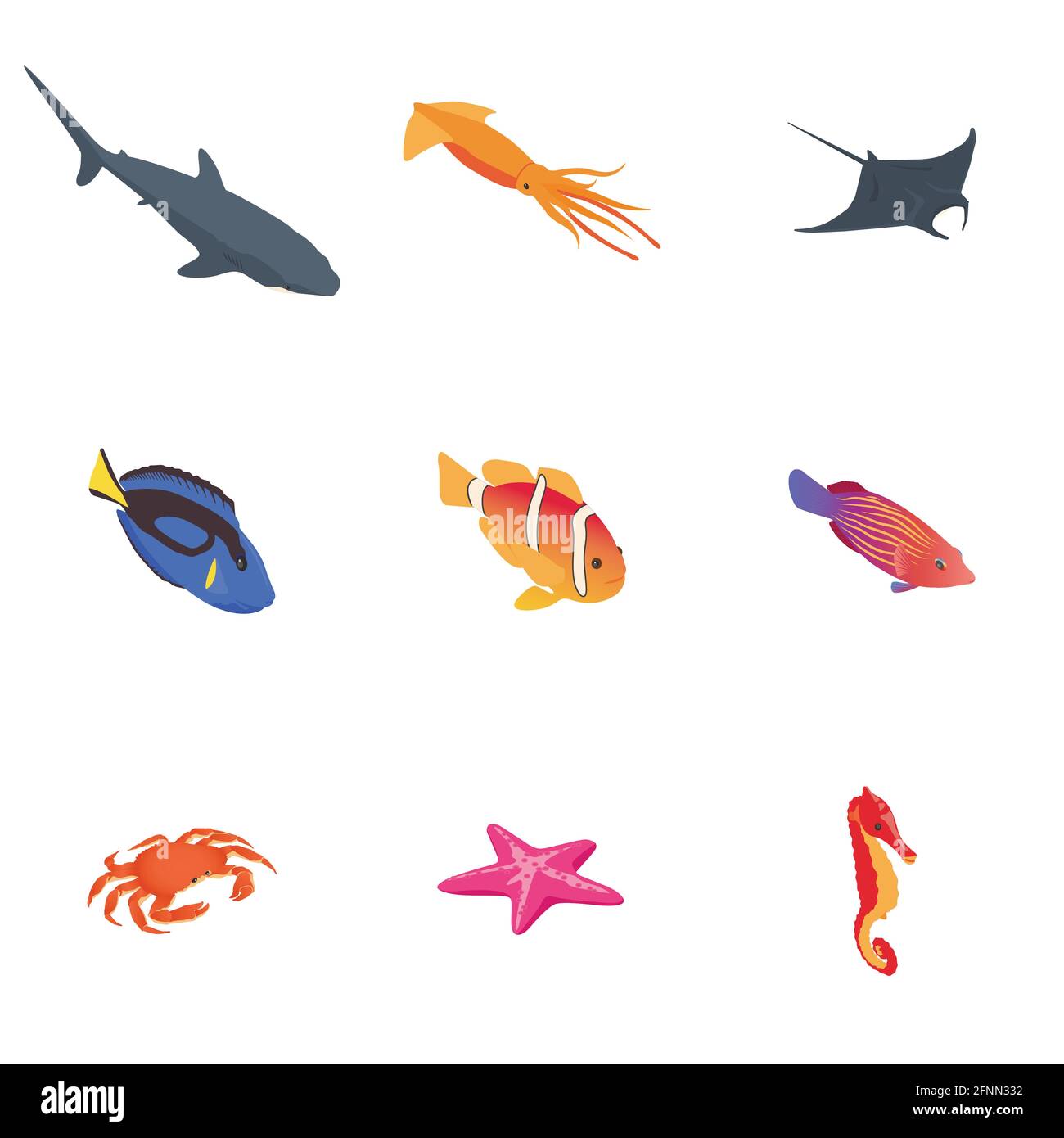 Set of sea animal icons on white background. Vector isometric illustration. Stock Vector