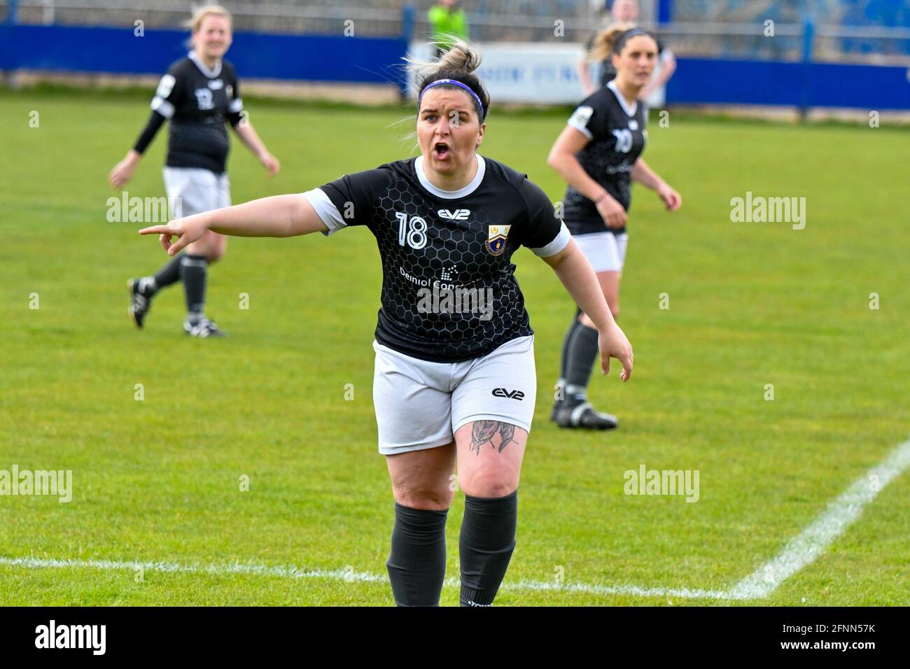Port Talbot, Wales. 11 April, 2021. Jodie Passmore of Port Talbot Town Ladies shouts instructions to her team mates during the Orchard Welsh Premier Women's League match between Port Talbot Town Ladies and Swansea City Ladies at the Victoria Road Stadium in Port Talbot, Wales, UK on 11, April 2021. Credit: Duncan Thomas/Majestic Media. Stock Photo