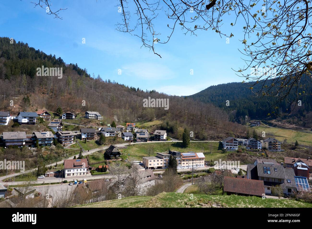 Buildings of Bad Rippoldsau-Schapbach in Germany surrounded by mountains in the Black Forest Stock Photo