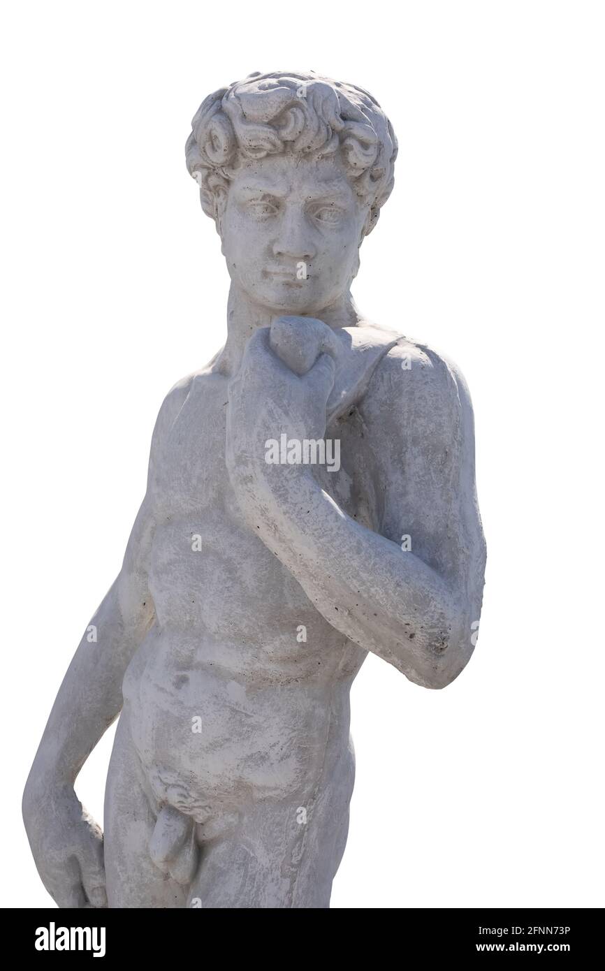 Ancient man's upper body stone sculpture on white background Stock Photo