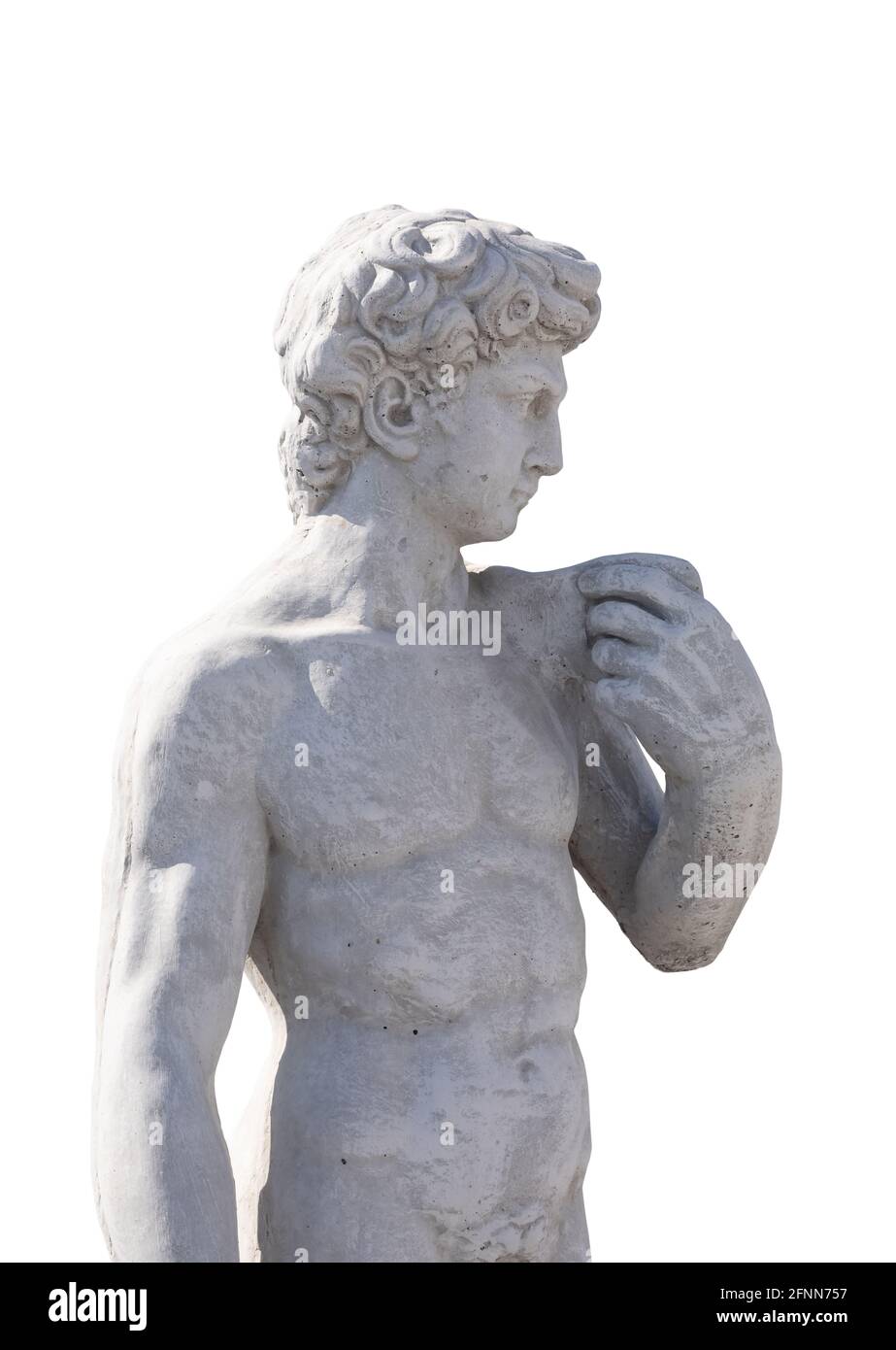 Ancient man's upper body stone sculpture on white background Stock Photo