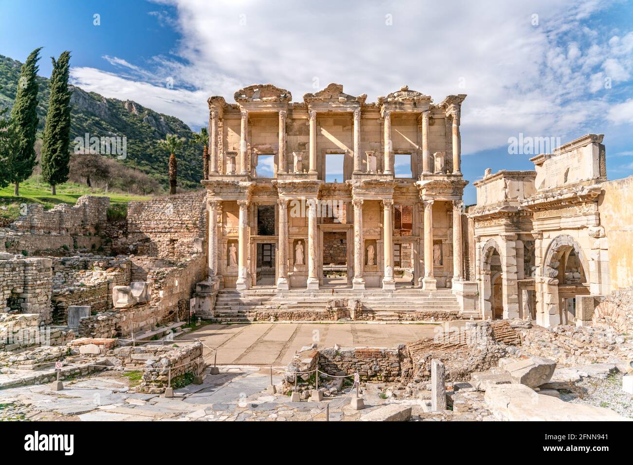 Celcus Celsus Library in Ephesus in Selcuk (Izmir), Turkey. Marble statue is ...
