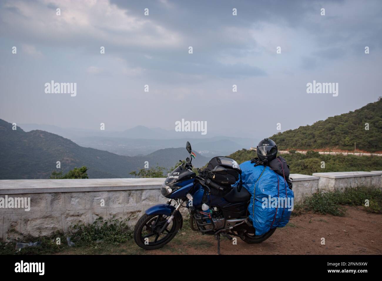 loaded motorcycle at mountain at morning Stock Photo