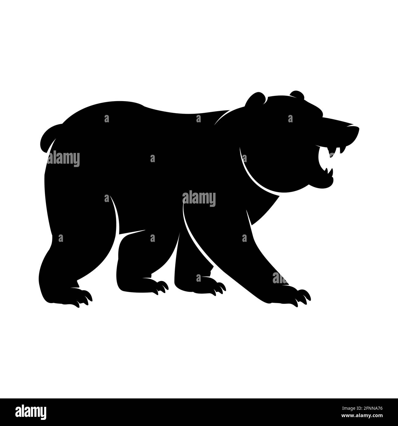 Black Silhouette of a standing and roaring Bear icon. Vector illustration of an angry monochrome arctic animal, polar bear or Grizzly logo with big cl Stock Vector
