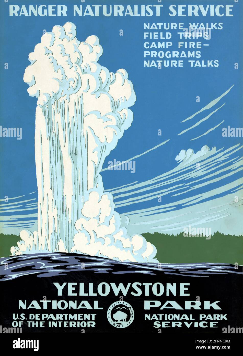Yellowstone National Park WPA poster by  Chester Don Powell (1896-1964). Restored vintage poster published 1938 in the USA. Stock Photo