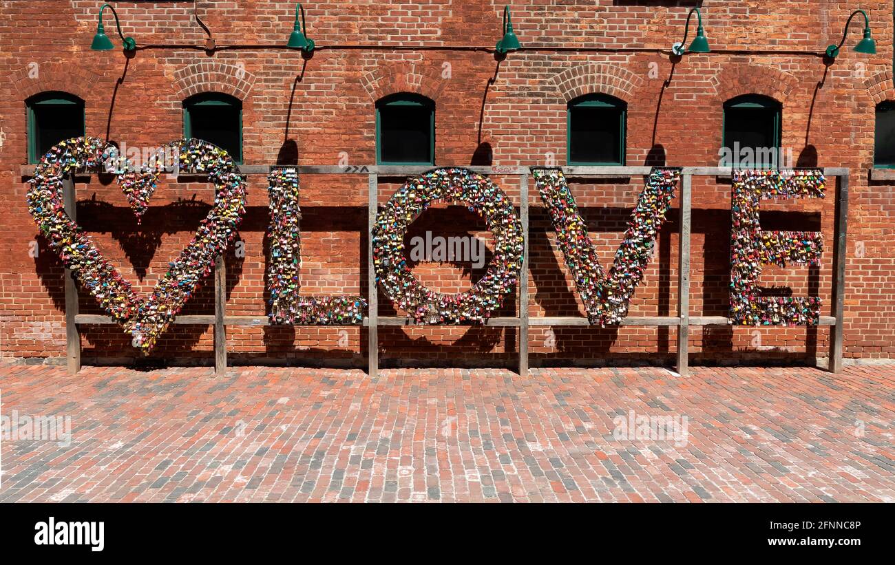 Love Lock Sign in The Distillery District, Toronto, Ontario Ca Stock Photo