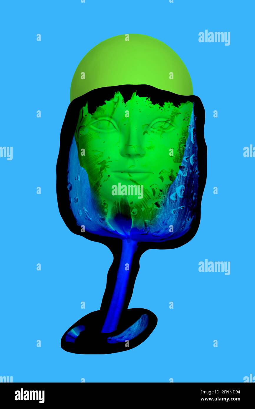 Abstract surreal art collage. Drinking glass shape with humanoid face inside. Conceptual poster. Stock Photo