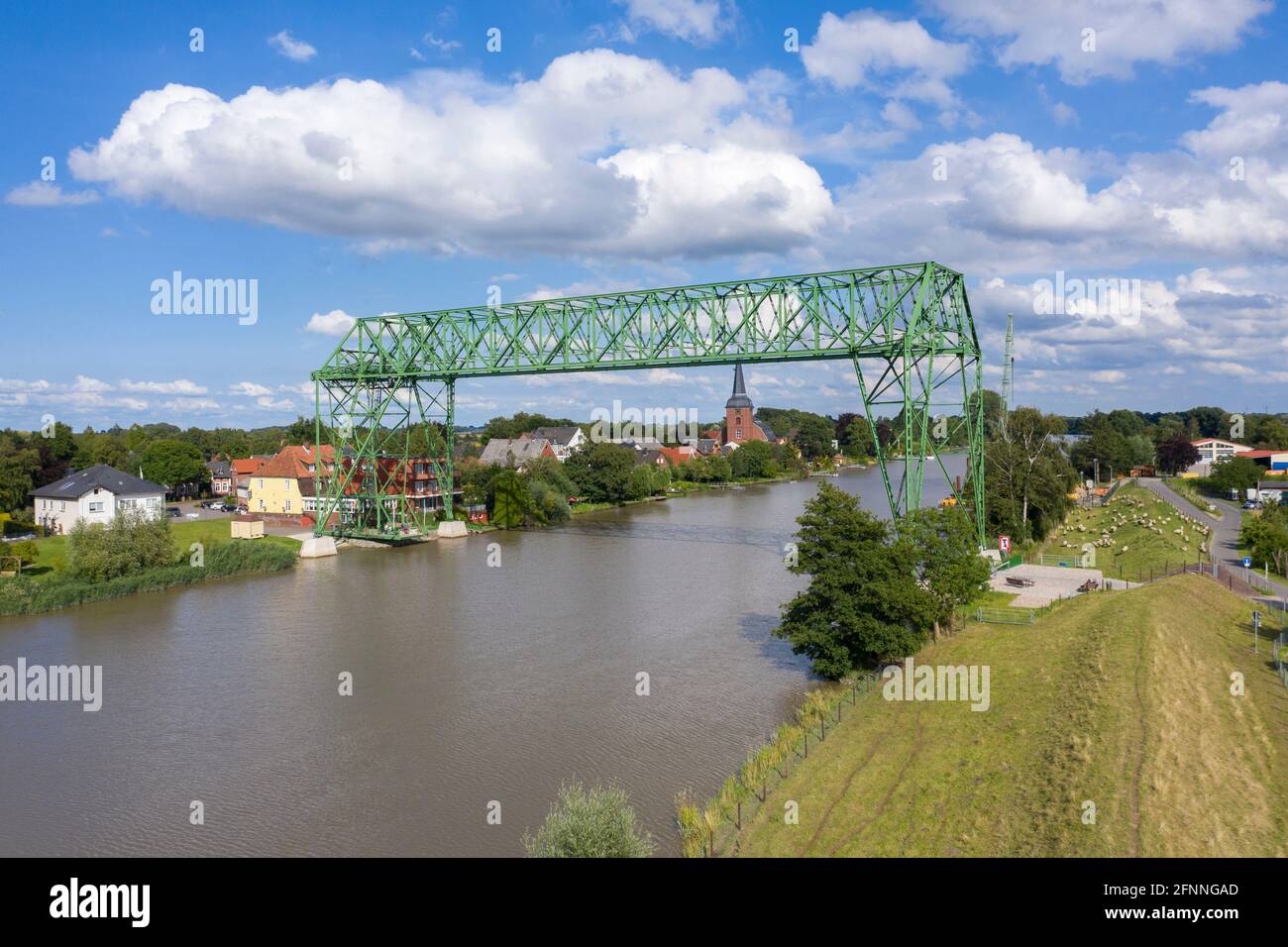 Aerial view with the transporter bridge Osten-Hemmoor over river Oste, Osten, Lower Saxony, Germany, Europe Stock Photo