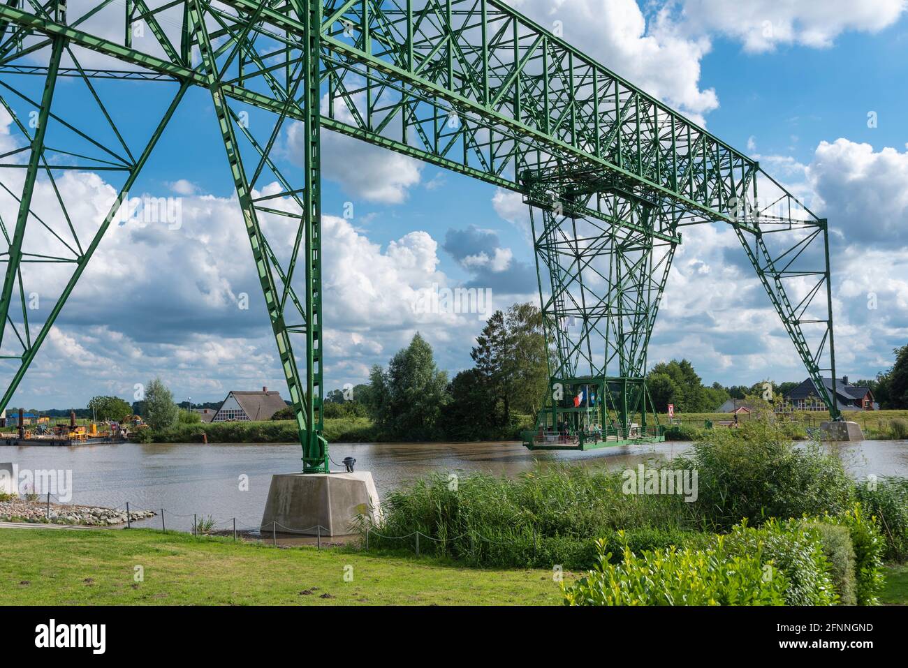 Transporter bridge Osten-Hemmoor over the river Oste, Osten, Lower Saxony, Germany, Europe Stock Photo