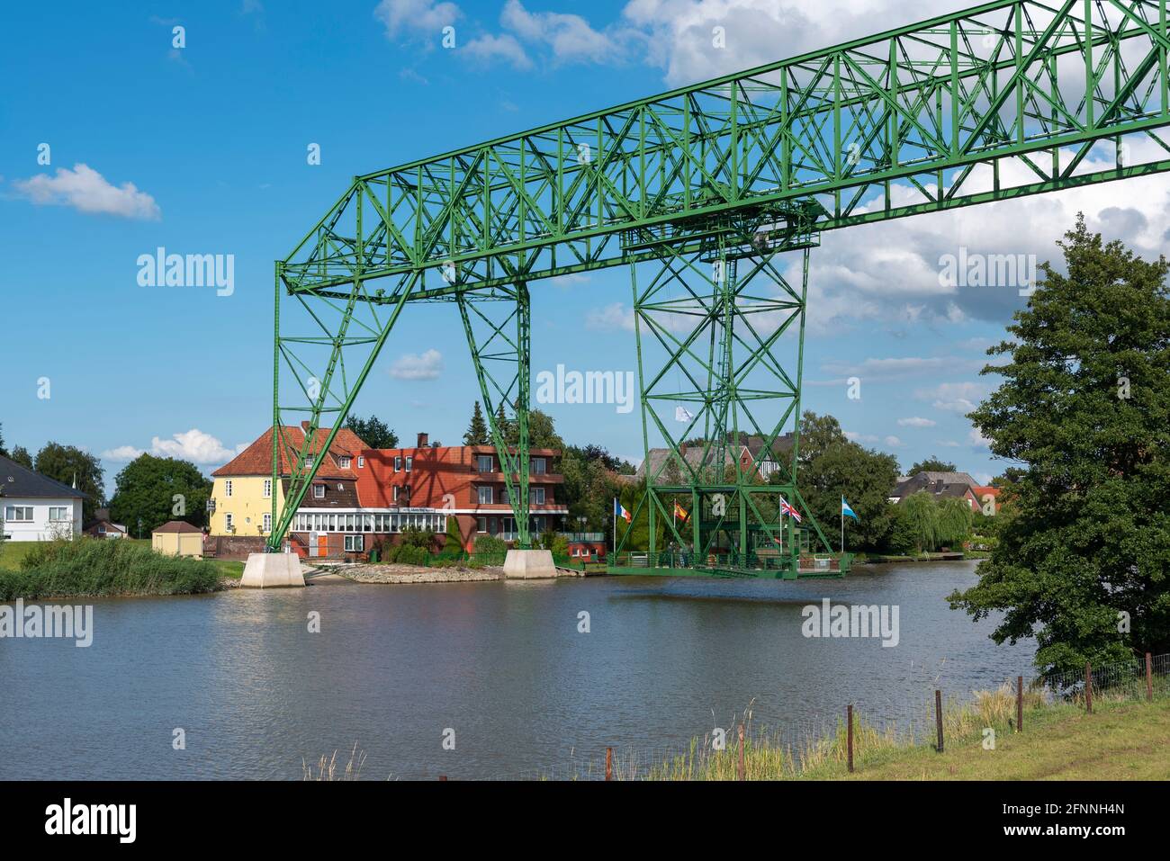 Transporter bridge Osten-Hemmor over the river Oste, Osten, Lower Saxony, Germany, Europe Stock Photo