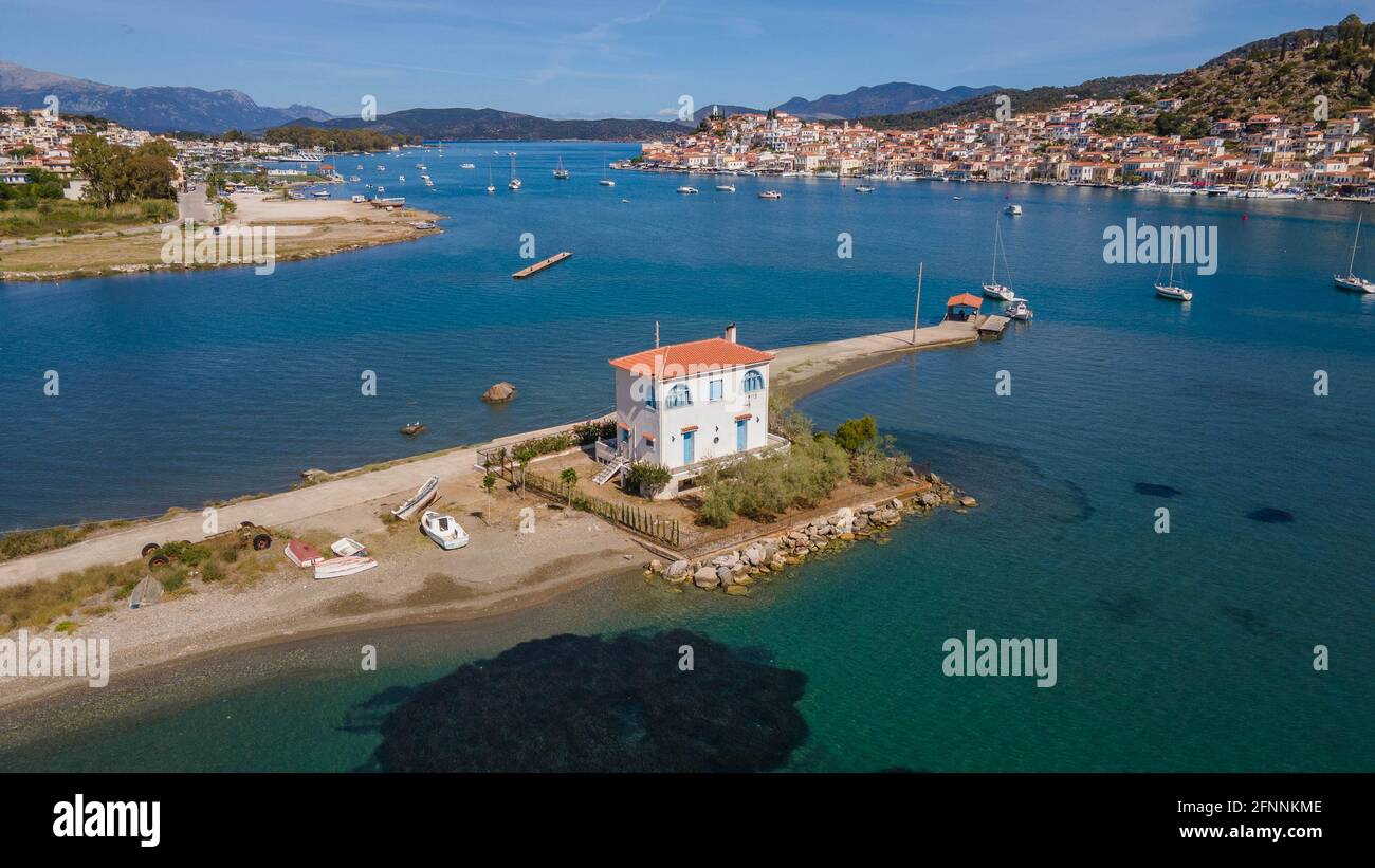 Lonely beatiful house at Galatas, before the exit of Poros island,Greece Stock Photo