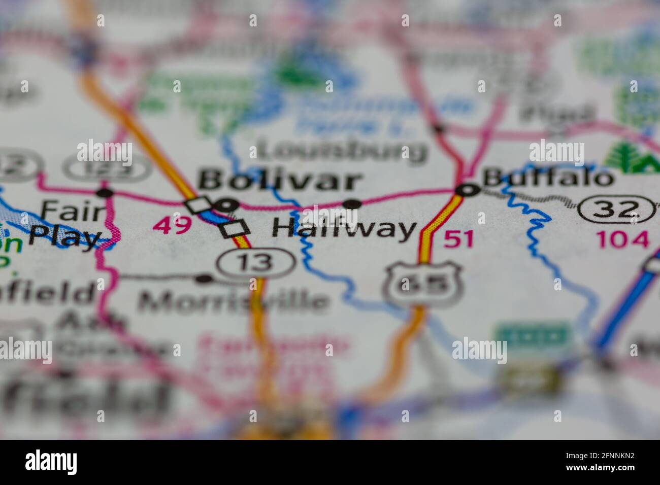 Halfway Missouri USA shown on a Geography map or road map Stock Photo