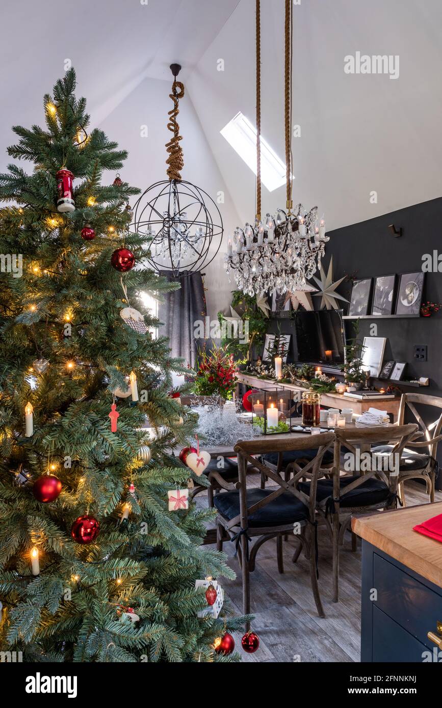 Chandeliers and Christmas tree in dining room of cottage, West