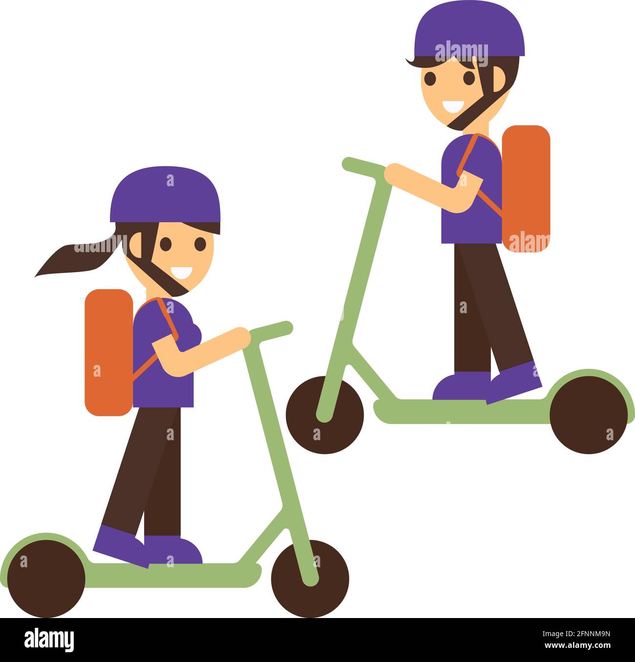 Courier delivery food on electric scooter. Delivery boy and girl deliver fresh hot food, rides fast on an electric scooter. Delivery service from cafe Stock Vector