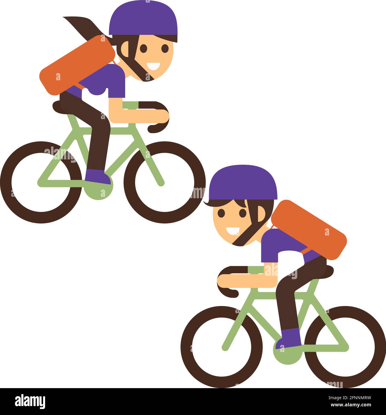 Courier bicycle delivery boy and girl with parcel box on the back. Ecological city bike delivering service illustration with modern cyclist carrying Stock Vector