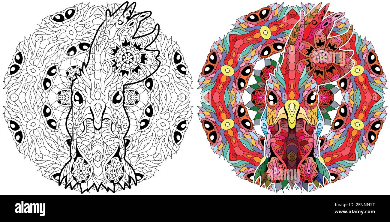 Head of rooster zentangle styled with mandala for t-shirt design, for coloring, tattoo and other decorations. Color and outline set Stock Vector