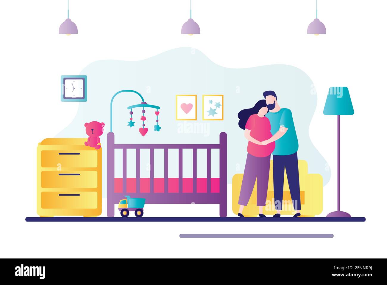 Husband hugging pregnant wife. Love couple of waiting for birth of child. Future parents decorating baby room. Concept of family, parenting, motherhoo Stock Vector