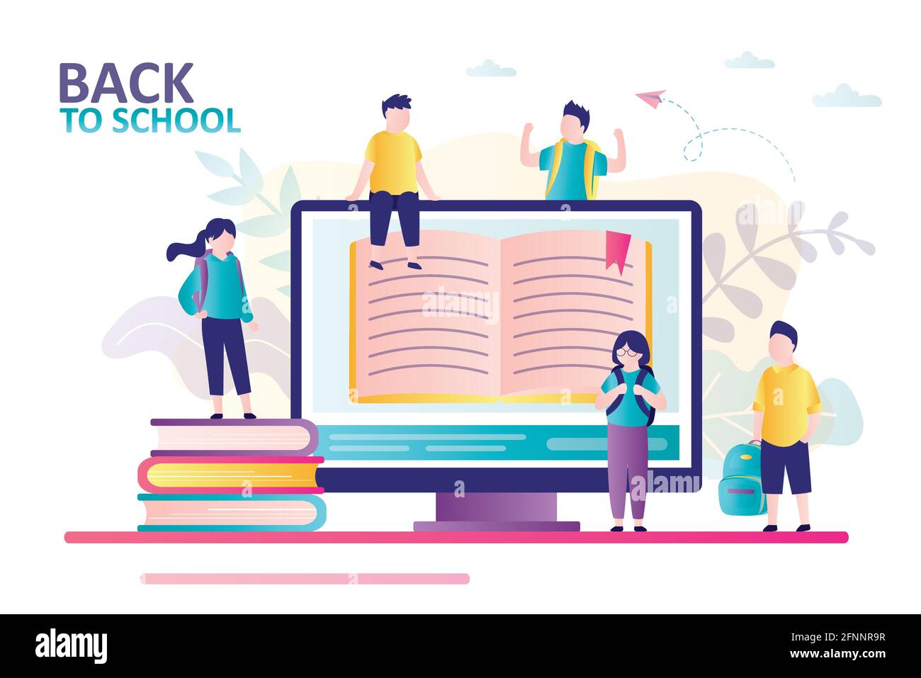 Online education background, e-learning studying and back to school. Сlassmates stands with school backpacks. Open textbook on computer monitor. Banne Stock Vector
