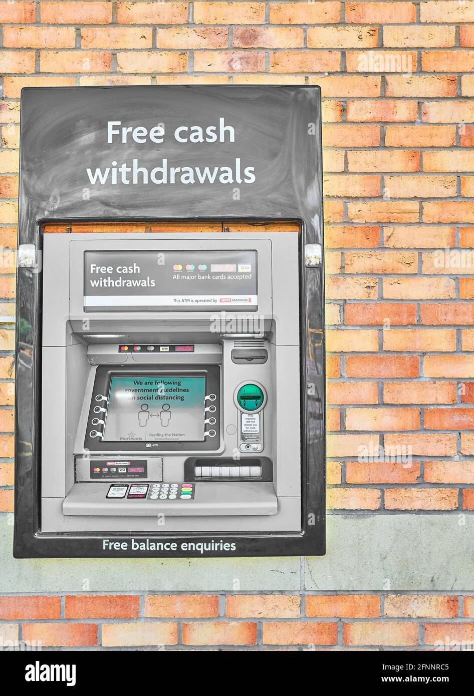 Hole in the wall cash withdrawal point at Morrisons supermarket, Kettering, England. Stock Photo
