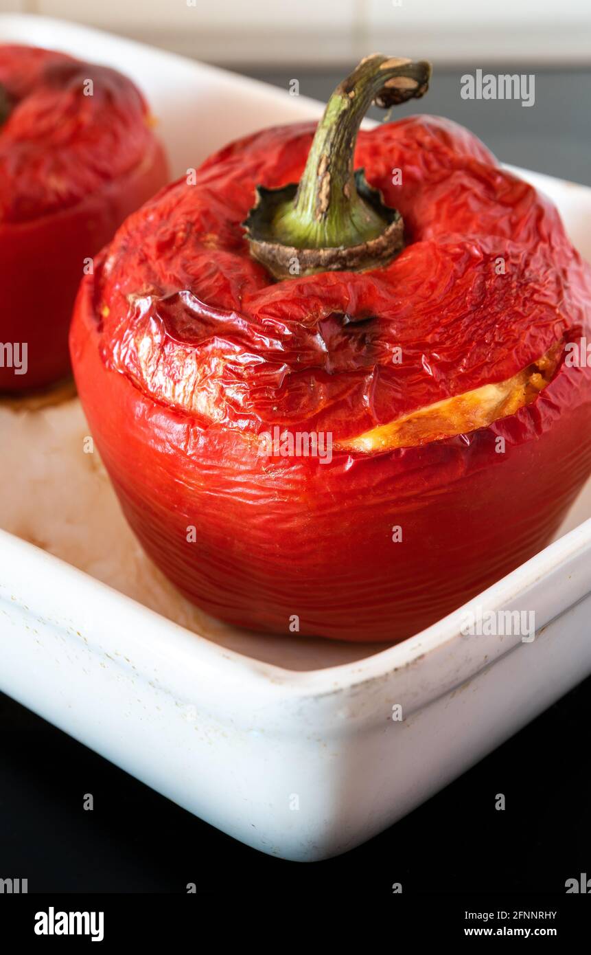 red pepper stuffed with baked rice Stock Photo