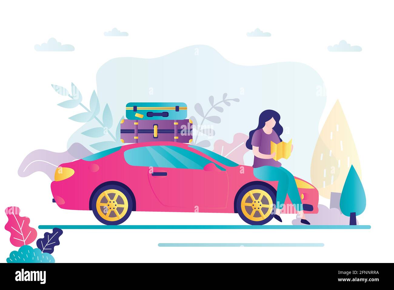 Beautiful woman traveler holds map in hands and makes route, modern car with luggage. Vacation, travel time banner. Female character and vehicle in tr Stock Vector