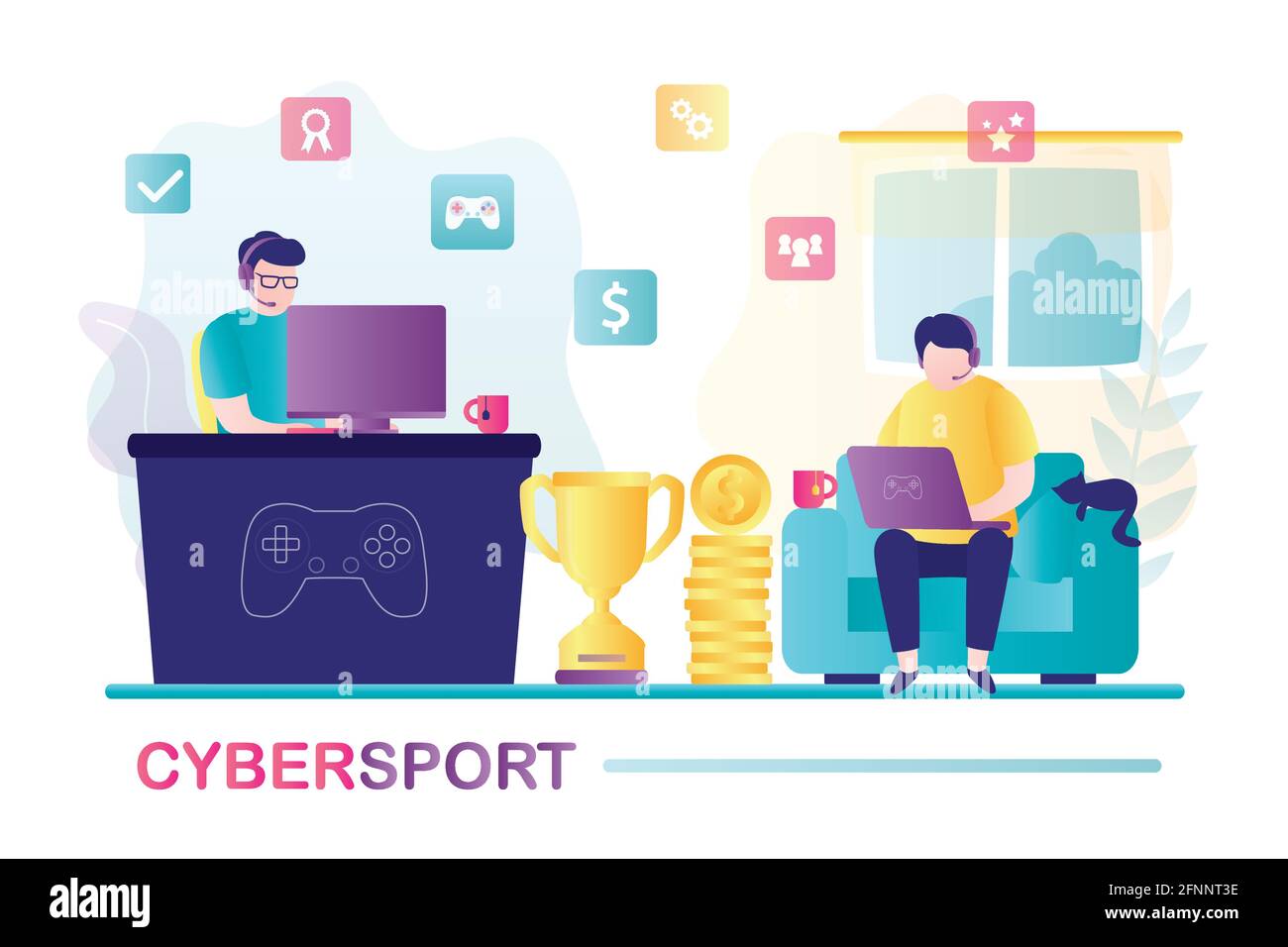Male characters earns on video games. Concept of e-sports and virtual tournament. Competition between two cybersports players. Professional gamers in Stock Vector