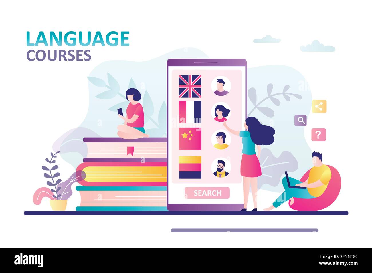 Foreign language teachers questionnaires on smartphone screen. Woman chooses teacher to study language. Concept of online education, courses and e-lea Stock Vector