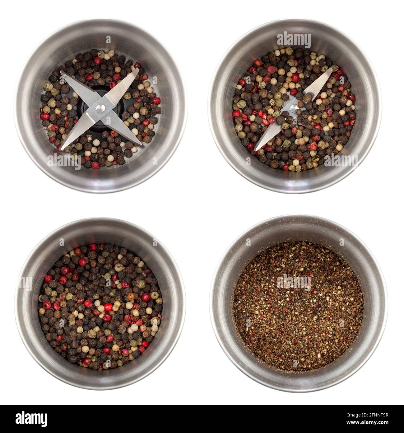 Set of four photos of a modern pepper grinder, top view a pepper
