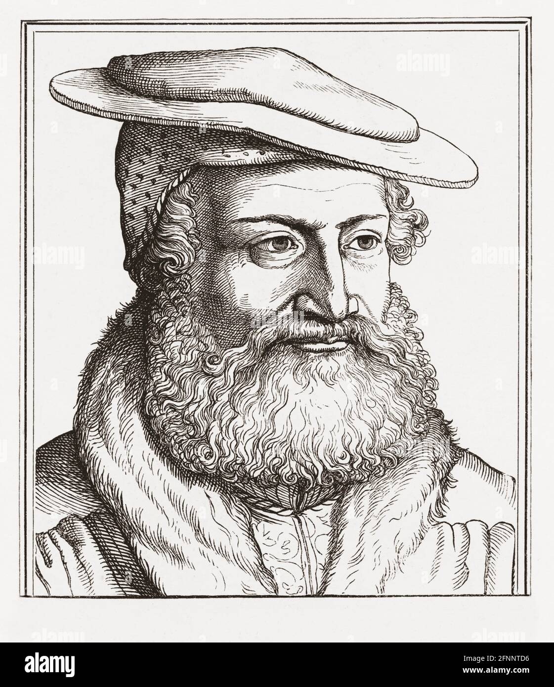 Hans Sachs, 1494 - 1576.  German Meistersinger, or Master singer, poet and playwright.  Meistersingers were members of a German guild with set rules for certain of the performing arts. After a wood engraving by Michael Ostendorfer. Stock Photo