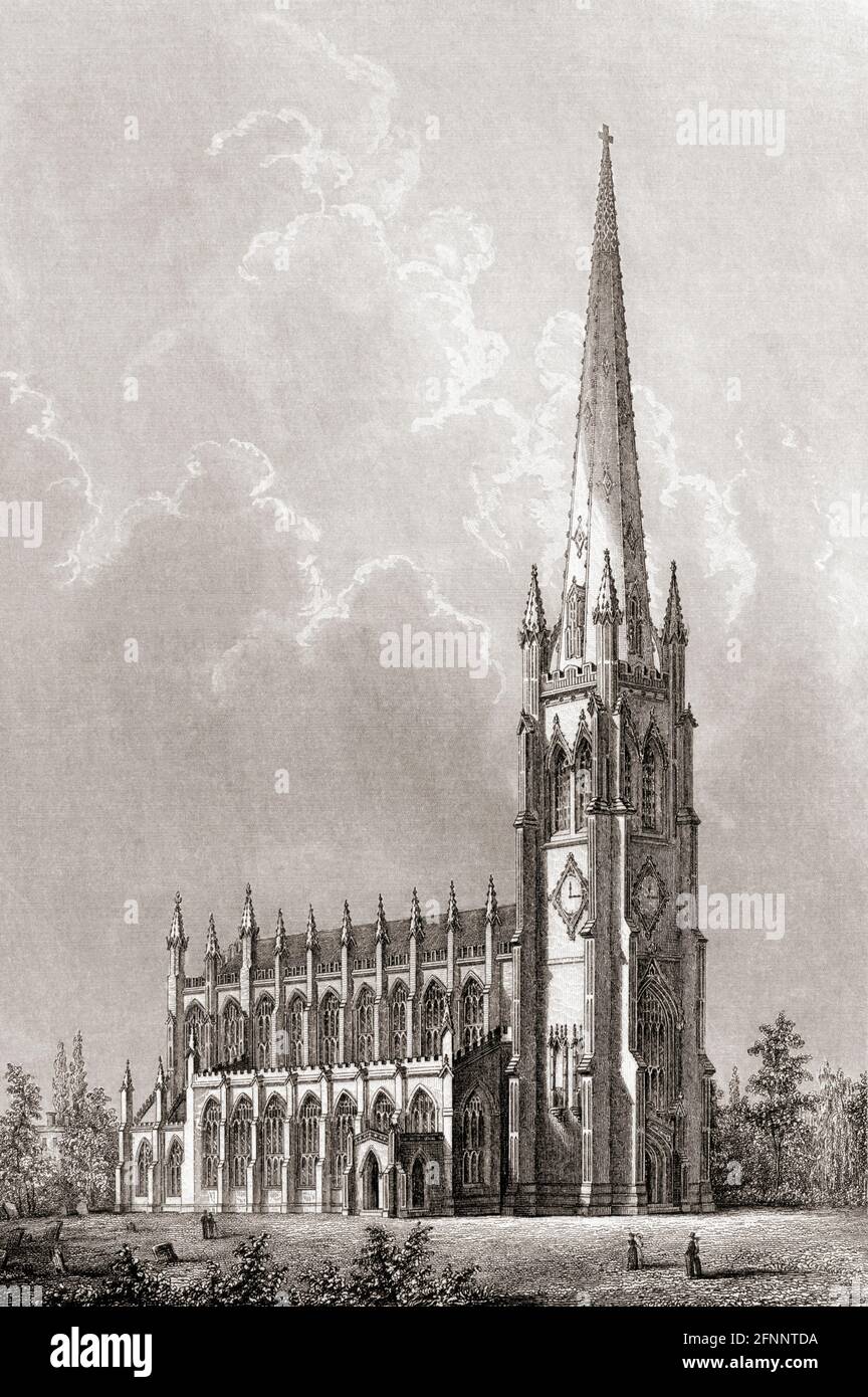 Trinity Church, Manhattan, New York City, United States of America, in the mid 19th century.  This is the third version of the church, built between 1839 and 1846.  For some years it was the tallest building in the United States. Stock Photo