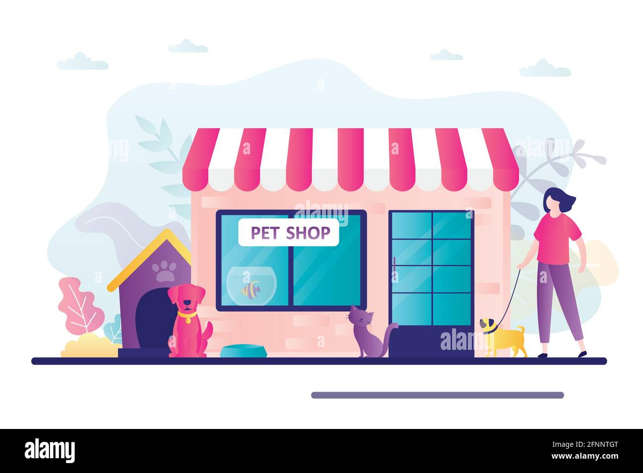 Facade of pets or zoo store. Concept of animals shop and best animals supplies. People shopping toy or feed for pets. Banner on theme petshop. Female Stock Vector